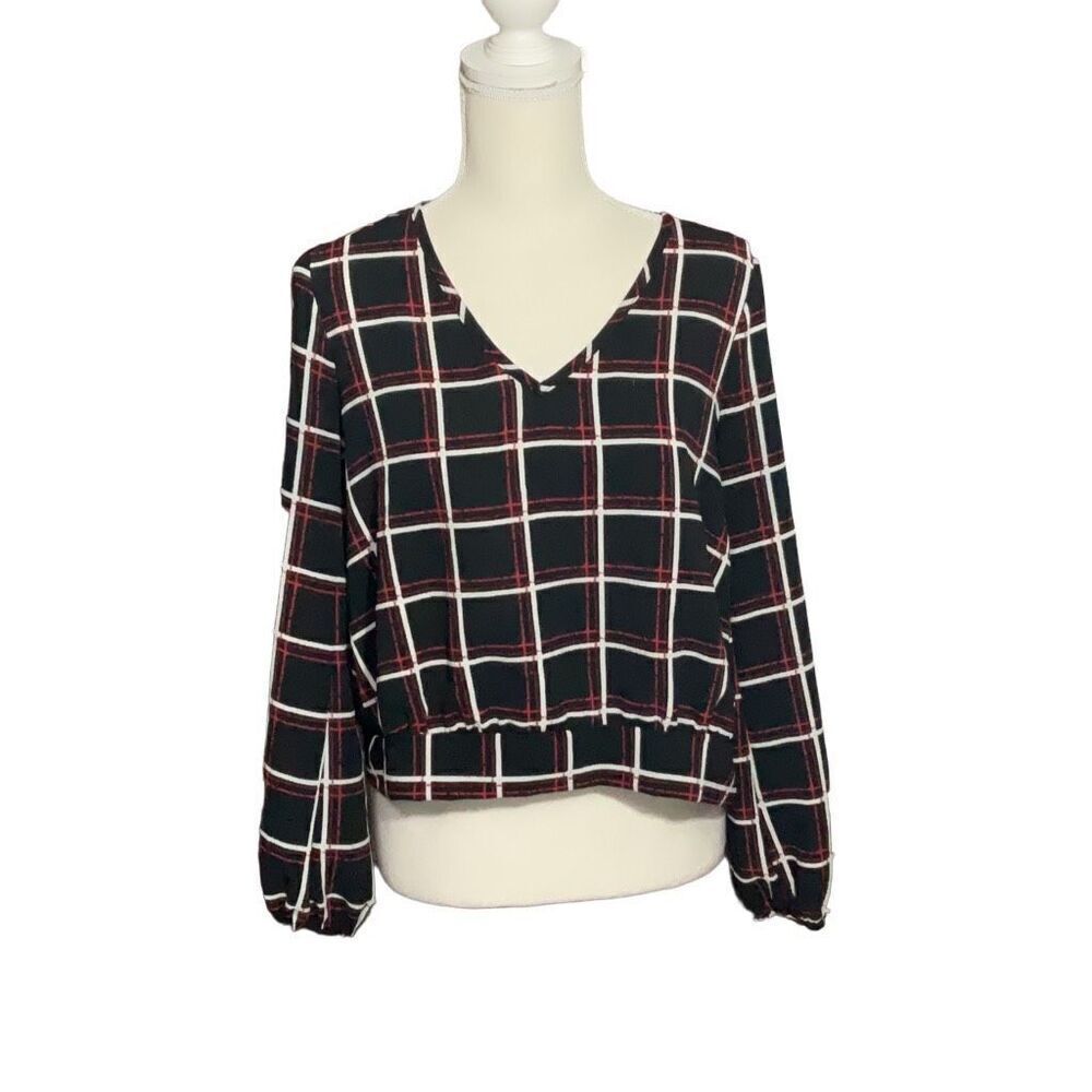 Miley + Molly Black Red Plaid Crop Top Long Sleeve Back Bow Tie Size Small